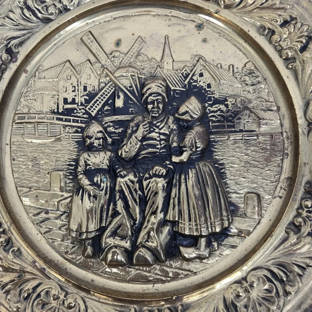 Vintage Lombard England‎ Brass Wall Plaque Dutch Windmill Scene Embossed 15